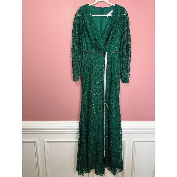 Mac Duggal Embellished Wrap Over Long Sleeve Gown Green Style 68016 Size 6 - Picture 2 of 9